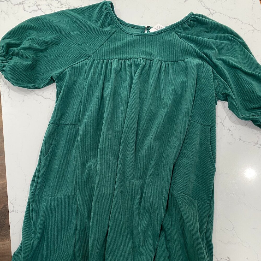 BUCKET LIST, CORDUROY BABYDOLL MINI DRESS, GREEN SIZE MEDIUM